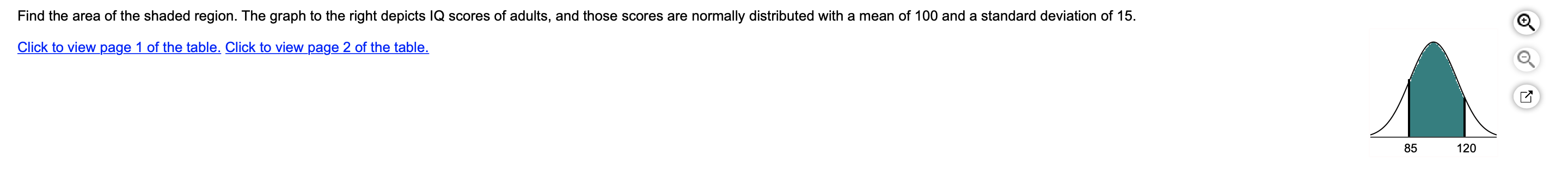 Find the area of the shaded region. The graph to the right depicts IQ scores of adults, and those scores are normally distributed with a mean of 100 and a standard deviation of 15
Click to viewpage 1 of the table. Click to view page 2 of the table.
120
85
