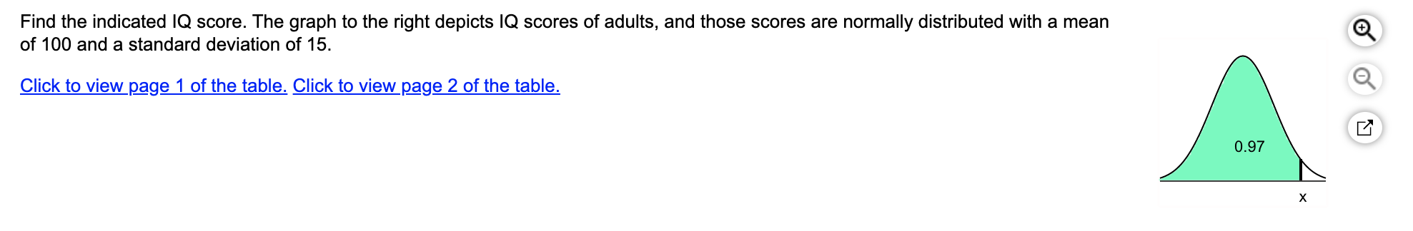 Find the indicated IQ score. The graph to the right depicts IQ scores of adults, and those scores are normally distributed with a mean
of 100 and a standard deviation of 15
Click to viewpage 1 of the table. Click to view page 2 of the table.
0.97
х
