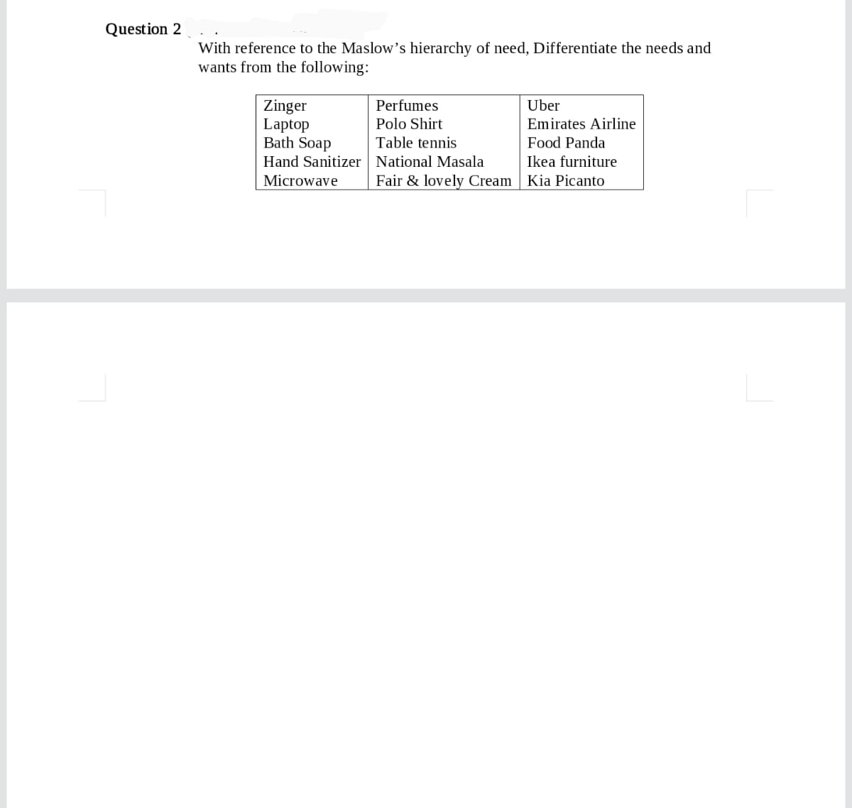 Question 2
With reference to the Maslow's hierarchy of need, Differentiate the needs and
wants from the following:
Uber
Zinger
Laptop
Bath Soap
Perfumes
Polo Shirt
Emirates Airline
Table tennis
Food Panda
Hand Sanitizer National Masala
Ikea furniture
Microwave
Fair & lovely Cream Kia Picanto
