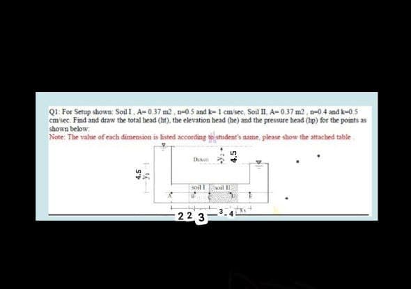 Q1: For Setup shown: Soil I, A- 0.37 m2 , n-0.5 and k- 1 cm sec, Soil II, A- 0.37 m2 , n-0.4 and k-0.5
cm'sec. Find and draw the total head (ht), the elevation head (he) and the pressure head (hp) for the points as
shown below:
Note: The value of each dimension is listed according to shadent's aame, please show the attached table
Duum
soil I
soil II
223
4.5
