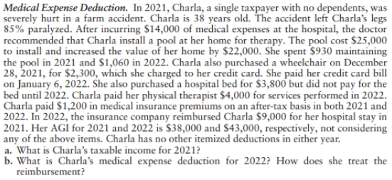 Medical Expense Deduction. In 2021, Charla, a single taxpayer with no dependents, was
severely hurt in a farm accident. Charla is 38 years old. The accident left Charla's legs
85% paralyzed. After incurring $14,000 of medical expenses at the hospital, the doctor
recommended that Charla install a pool at her home for therapy. The pool cost $25,000
to install and increased the value of her home by $22,000. She spent $930 maintaining
the pool in 2021 and $1,060 in 2022. Charla also purchased a wheelchair on December
28, 2021, for $2,300, which she charged to her credit card. She paid her credit card bill
on January 6, 2022. She also purchased a hospital bed for $3,800 but did not pay for the
bed until 2022. Charla paid her physical therapist $4,000 for services performed in 2022.
Charla paid $1,200 in medical insurance premiums on an after-tax basis in both 2021 and
2022. In 2022, the insurance company reimbursed Charla $9,000 for her hospital stay in
2021. Her AGI for 2021 and 2022 is $38,000 and $43,000, respectively, not considering
any of the above items. Charla has no other itemized deductions in either year.
a. What is Charla's taxable income for 2021?
b. What is Charla's medical expense deduction for 2022? How does she treat the
reimbursement?
