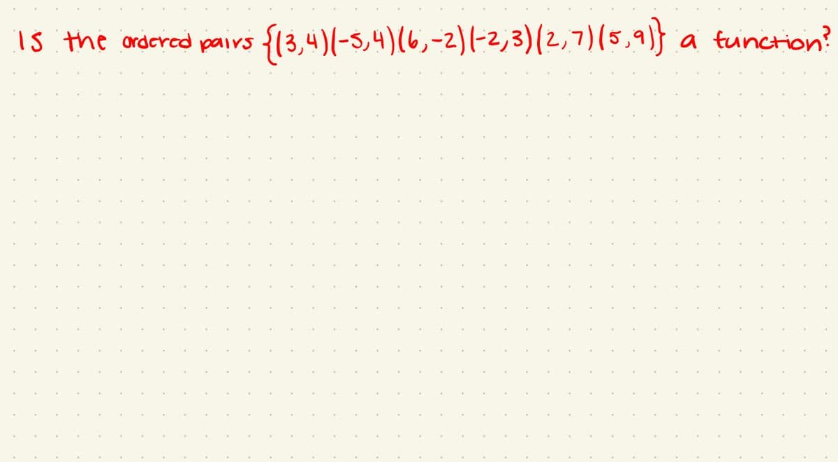 {l3,4)(-5,4)(6,-2)(-2,3)(2,7)(5,9)}
a function?
iS the ordcred paivs
