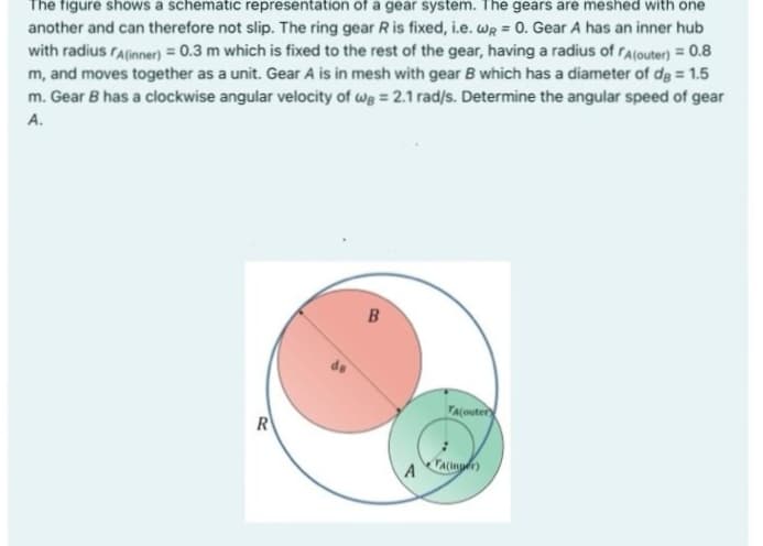 The figure shows a schematic representation of a gear system. The gears are meshed with one
another and can therefore not slip. The ring gear R is fixed, i.e. wR = 0. Gear A has an inner hub
with radius rA(inner) = 0.3 m which is fixed to the rest of the gear, having a radius of FAlouter) = 0.8
m, and moves together as a unit. Gear A is in mesh with gear B which has a diameter of de = 1.5
m. Gear B has a clockwise angular velocity of wg = 2.1 rad/s. Determine the angular speed of gear
A.
B
TA(outer
R
