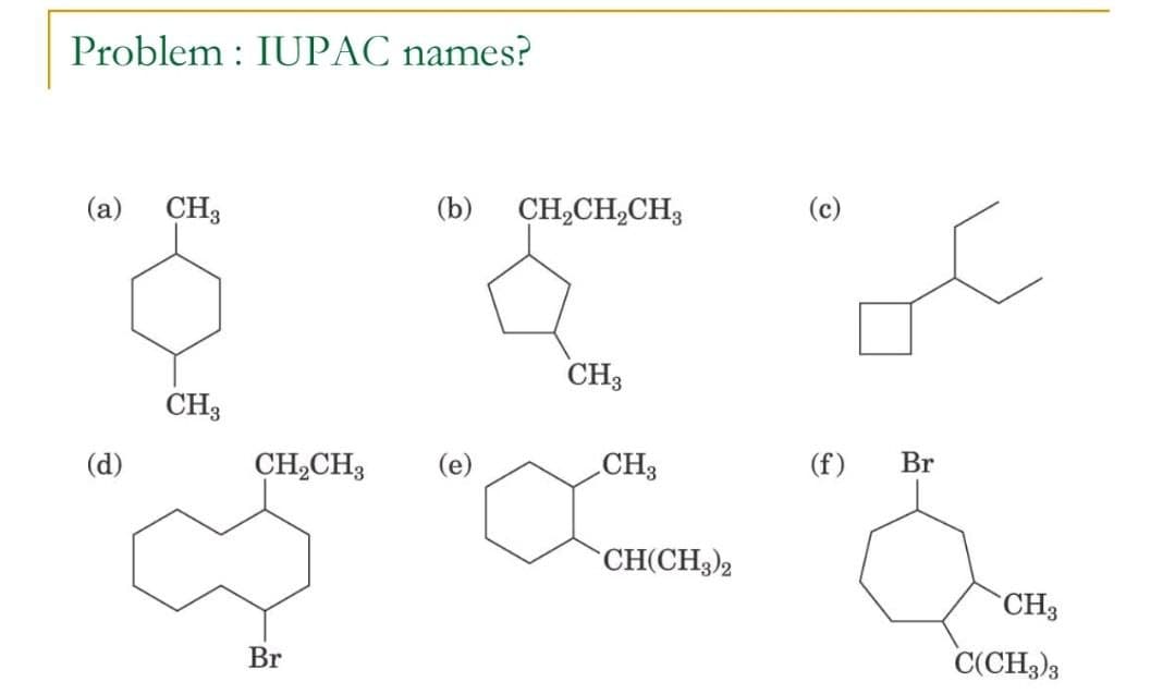 Problem: IUРАС names?
(а)
CH3
(b)
CH,CH,CH3
(с)
CH3
CH3
(d)
CH,CH3
(е)
CH3
(f)
Br
CH(CH3)2
`CH3
Br
C(CH3)3
