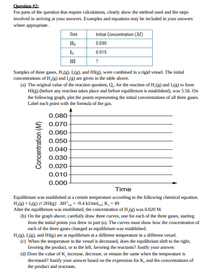 Question #2:
For parts of the question that require calculations, clearly show the method used and the steps
involved in arriving at your answers. Examples and equations may be included in your answers
where appropriate.
Gas
Initial Concentration (M)
H3
0.030
0.015
HI
Samples of three gases, H,(g), L(g), and HI(g), were combined in a rigid vessel. The initial
concentrations of H,(g) and L(g) are given in the table above.
(a) The original value of the reaction quotient, Q, for the reaction of H,(g) and L(g) to form
HI(g) (before any reaction takes place and before equilibrium is established), was 5.56. On
the following graph, plot the points representing the initial concentrations of all three gases.
Label each point with the formula of the gas.
0.080
0.070
0.060
0.050
0.040
0.030
0.020
0.010
0.000
Time
Equilibrium was established at a certain temperature according to the following chemical equation.
H,(g) + L(g) 2 2HI8) AH°= -9.4 kl/mol: K, = 49
After the equilibrium was established, the concentration of H,(g) was 0.020 M.
(b) On the graph above, carefully draw three curves, one for each of the three gases, starting
from the initial points you drew in part (a). The curves must show how the concentration of
each of the three gases changed as equilibrium was established.
H,(g), L(g), and HI(g) are at equilibrium at a different temperature in a different vessel.
(c) When the temperature in the vessel is decreased, does the equilibrium shift to the right,
favoring the product, or to the left, favoring the reactants? Justify your answer.
(d) Does the value of K, increase, decrease, or remain the same when the temperature is
decreased? Justify your answer based on the expression foe K, and the concentrations of
the product and reactants.
Concentration (M)
