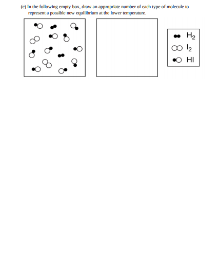 (e) In the following empty box, draw an appropriate number of each type of molecule to
represent a possible new equilibrium at the lower temperature.
• H2
IH O
