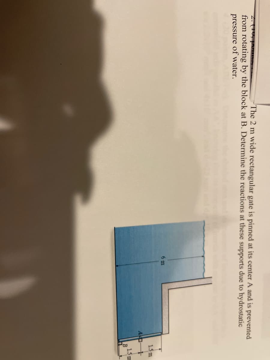 Z. (10, pUmtos
The 2 m wide rectangular gate is pinned at its center A and is prevented
from rotating by the block at B. Determine the reactions at these supports due to hydrostatic
pressure of water.
6 m
1.5 m
A
1.5 m
