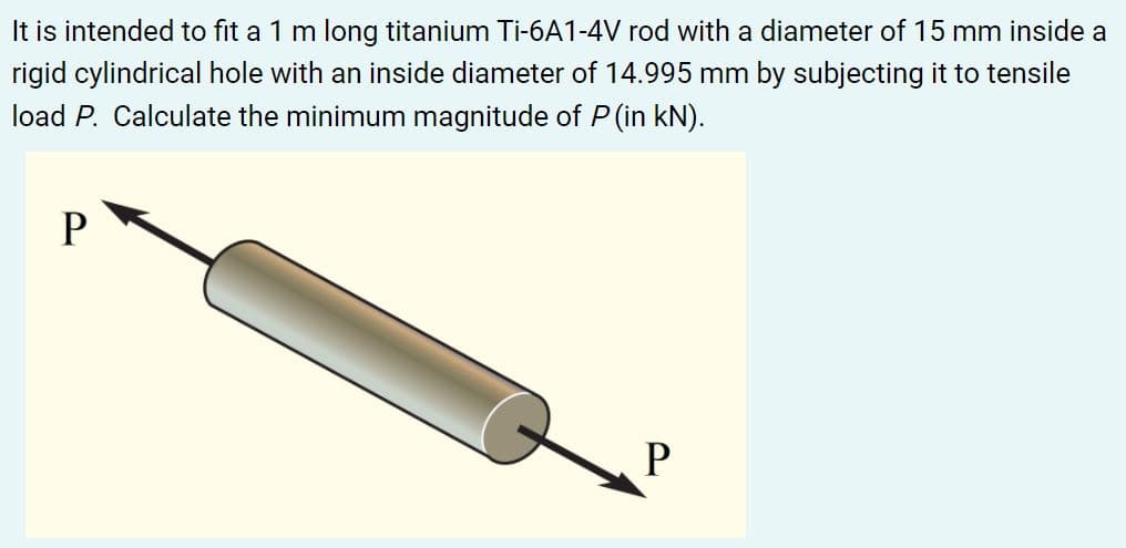 It is intended to fit a 1 m long titanium Ti-6A1-4V rod with a diameter of 15 mm inside a
rigid cylindrical hole with an inside diameter of 14.995 mm by subjecting it to tensile
load P. Calculate the minimum magnitude of P (in kN).
