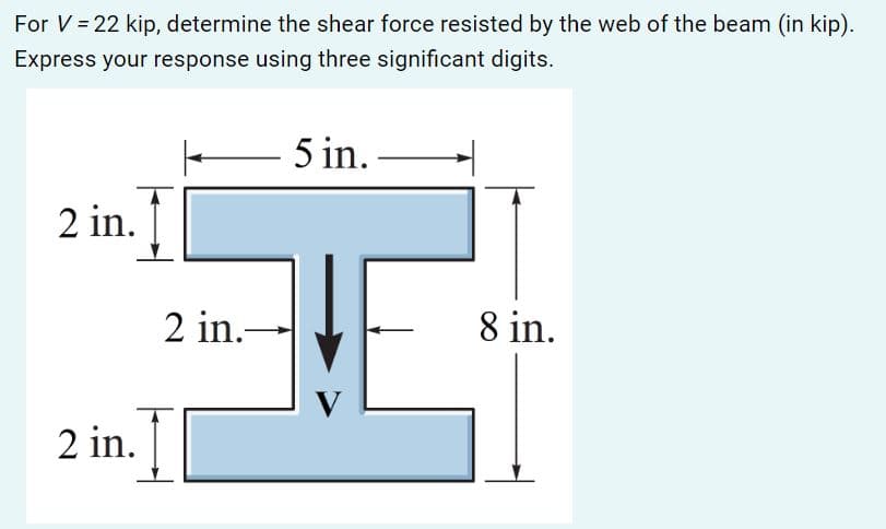 For V = 22 kip, determine the shear force resisted by the web of the beam (in kip).
Express your response using three significant digits.
5 in.
2 in. Į
2 in.-
8 in.
V
2 in. | |
