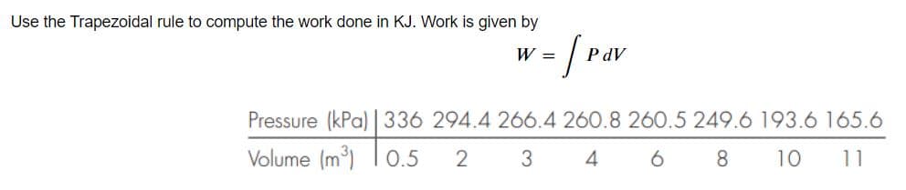 Use the Trapezoidal rule to compute the work done in KJ. Work is given by
= [ Pav
PdV
W =
Pressure (kPa) | 336 294.4 266.4 260.8 260.5 249.6 193.6 165.6
Volume (m³)
0.5
2
3
4
6
8 10 11