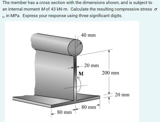 The member has a cross section with the dimensions shown, and is subject to
an internal moment Mof 43 kN-m. Calculate the resulting compressive stress o
c in MPa. Express your response using three significant digits.
40 mm
20 mm
M
200 mm
20 mm
80 mm
80 mm
