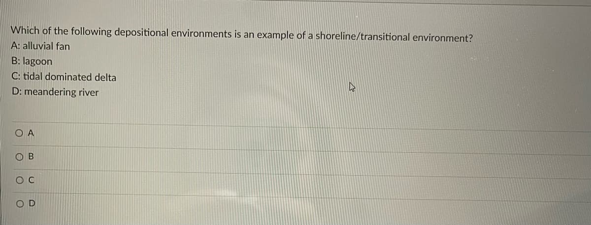 Which of the following depositional environments is an example of a shoreline/transitional environment?
A: alluvial fan
B: lagoon
C: tidal dominated delta
D: meandering river
O A
O B
O C
