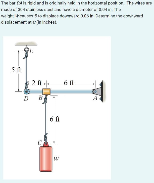 The bar DA is rigid and is originally held in the horizontal position. The wires are
made of 304 stainless steel and have a diameter of 0.04 in. The
weight W causes B to displace downward 0.06 in. Determine the downward
displacement at C (in inches).
E
5 ft
2 ft-
6 ft
B
A
6 ft
W
