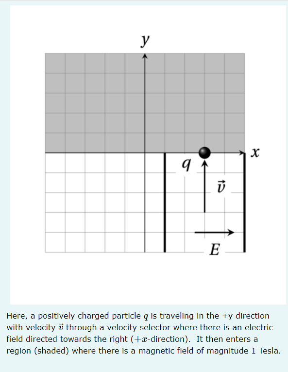 y
E
Here, a positively charged particle q is traveling in the +y direction
with velocity i through a velocity selector where there is an electric
field directed towards the right (+x-direction). It then enters a
region (shaded) where there is a magnetic field of magnitude 1 Tesla.
