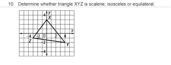 10. Determine whether triangle XYZ is scalene, isosceles or equilateral.
X
4 42 0
12
