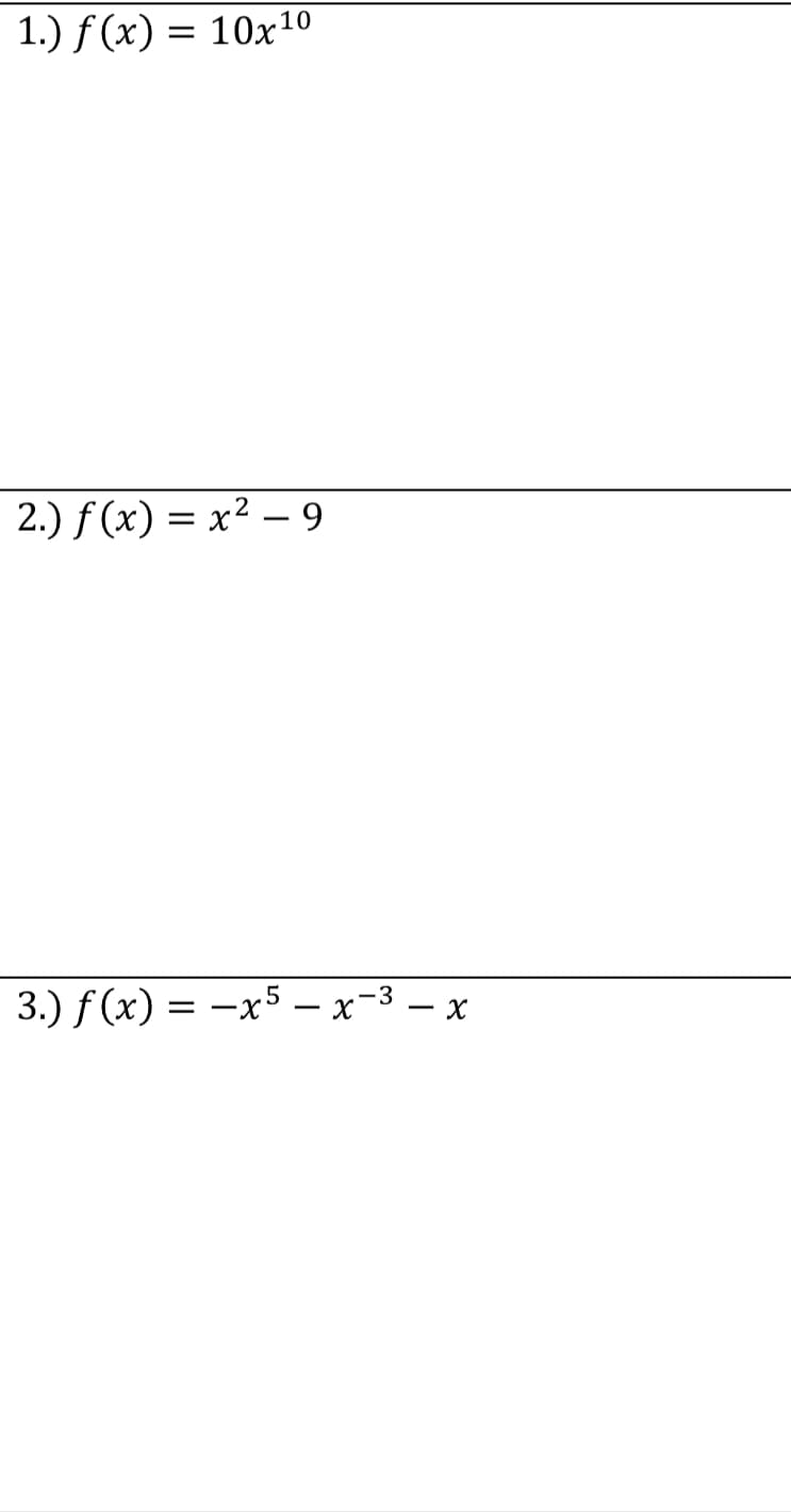 1.) f (x) = 10x10
2.) f (x) = x² –- 9
3.) f (x) = -x5 – x-3.
