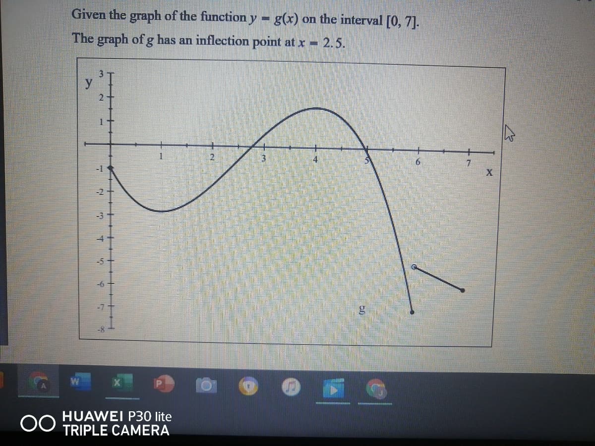 Given the graph of the function y = g(x) on the interval [0, 7].
The graph of g has an inflection point at x =
2.5.
14
-2
-3
-5
HUAWEI P30 lite
TRIPLE CAMERA
