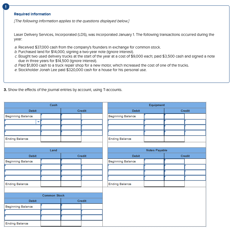 Required Information
[The following Information applies to the questions displayed below.]
Laser Delivery Services, Incorporated (LDS), was incorporated January 1. The following transactions occurred during the
year:
a. Received $37,000 cash from the company's founders in exchange for common stock.
b. Purchased land for $14,000, signing a two-year note (Ignore Interest).
c. Bought two used delivery trucks at the start of the year at a cost of $9,000 each; paid $3,500 cash and signed a note
due in three years for $14,500 (Ignore Interest).
d. Pald $1,800 cash to a truck repair shop for a new motor, which increased the cost of one of the trucks.
e. Stockholder Jonah Lee paid $320,000 cash for a house for his personal use.
3. Show the effects of the journal entries by account, using T-accounts.
Beginning Balance
Ending Balance
Debit
Ending Balance
Beginning Balance
Debit
Ending Balance
Debit
Beginning Balance
Cash
Land
Common Stock
Credit
Credit
Credit
Beginning Balance
Ending Balance
Debit
Ending Balance
Debit
Beginning Balance
Equipment
Notes Payable
Credit
Credit