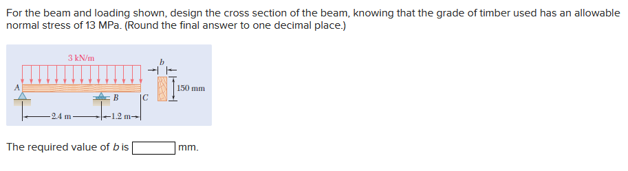 For the beam and loading shown, design the cross section of the beam, knowing that the grade of timber used has an allowable
normal stress of 13 MPa. (Round the final answer to one decimal place.)
3 kN/m
2.4 m
B
The required value of b is
C
150 mm
mm.