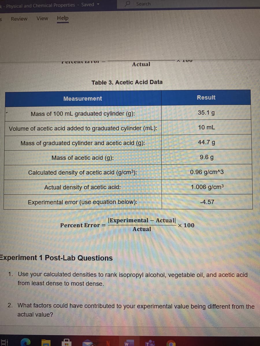 O Search
k- Physical and Chemical Properties - Saved -
Review
View
Help
A100
rercenIIL EITUI
Actual
Table 3. Acetic Acid Data
Measurement
Result
Mass of 100 mL graduated cylinder (g):
35.1 g
Volume of acetic acid added to graduated cylinder (mL):
10 mL
Mass of graduated cylinder and acetic acid (g):
44.7 g
Mass of acetic acid (g):
9.6 g
Calculated density of acetic acid (g/cm3):
0.96 g/cm^3
Actual density of acetic acid:
1.006 g/cm3
Experimental error (use equation below):
-4.57
|Experimental – Actual|
Percent Error =
x 100
Actual
Experiment 1 Post-Lab Questions
1. Use your calculated densities to rank isopropyl alcohol, vegetable oil, and acetic acid
from least dense to most dense.
2. What factors could have contributed to your experimental value being different from the
actual value?
