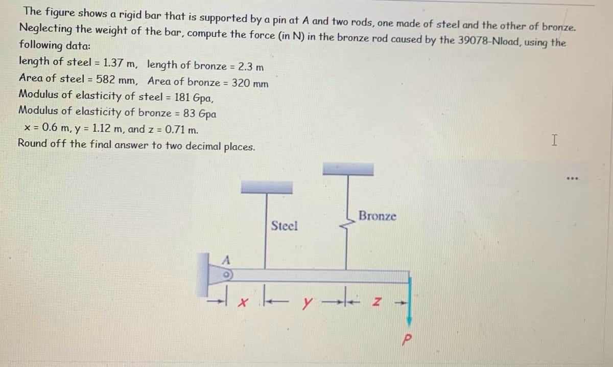 The figure shows a rigid bar that is supported by a pin at A and two rods, one made of steel and the other of bronze.
Neglecting the weight of the bar, compute the force (in N) in the bronze rod caused by the 39078-Nload, using the
following data:
length of steel = 1.37 m, length of bronze = 2.3 m
Area of steel = 582 mm, Area of bronze = 320 mm
Modulus of elasticity of steel = 181 Gpa,
Modulus of elasticity of bronze = 83 Gpa
x = 0.6 m, y = 1.12 m, and z = 0.71 m.
Round off the final answer to two decimal places.
Bronze
Steel
