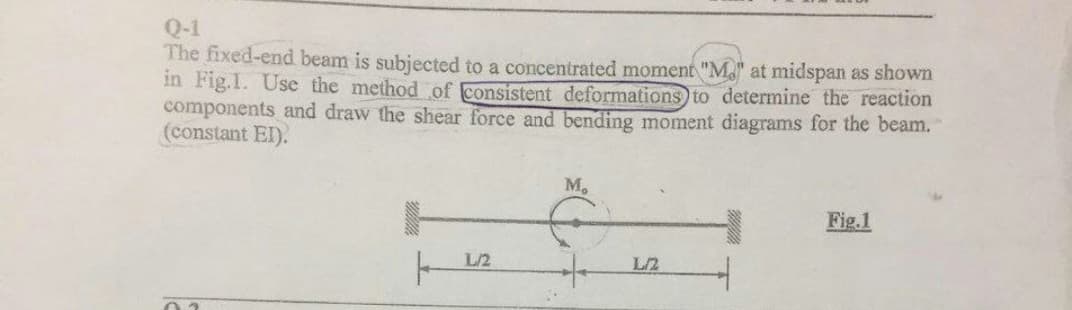 0-1
The fixed-end beam is subjected to a concentrated moment "M" at midspan as shown
in Fig.1. Use the method of consistent deformations) to determine the reaction
components and draw the shear force and bending moment diagrams for the beam.
(constant EI).
M,
Fig.1
14
L/2
L/2
ㅏ