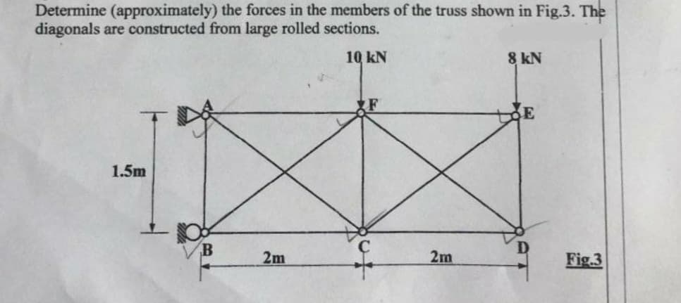 Determine (approximately) the forces in the members of the truss shown in Fig.3. The
diagonals are constructed from large rolled sections.
10 kN
1.5m
2m
out
2m
8 kN
Fig.3