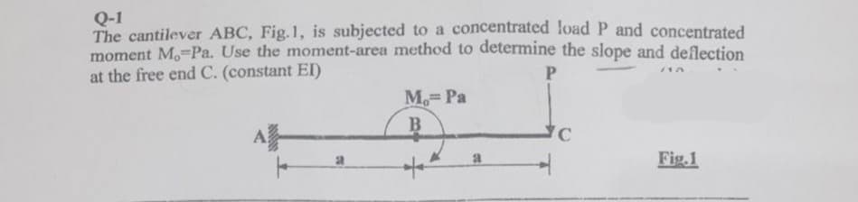 Q-1
The cantilever ABC, Fig.1, is subjected to a concentrated load P and concentrated
moment M.-Pa. Use the moment-area method to determine the slope and deflection
at the free end C. (constant EI)
P
a
M₁= Pa
B
a
C
(10
Fig.1