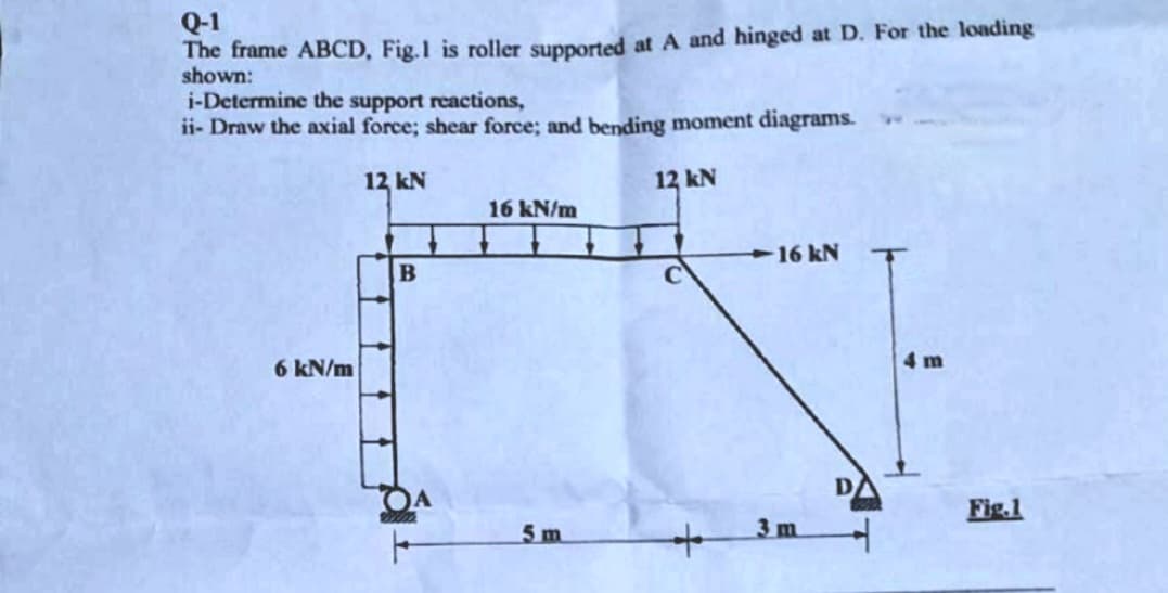 Q-1
The frame ABCD, Fig.1 is roller supported at A and hinged at D. For the loading
shown:
i-Determine the support reactions,
ii- Draw the axial force; shear force; and bending moment diagrams.
12 kN
12 kN
16 kN/m
+16 kN
4 m
6 kN/m
OA
Fig.1
5m
3 m
