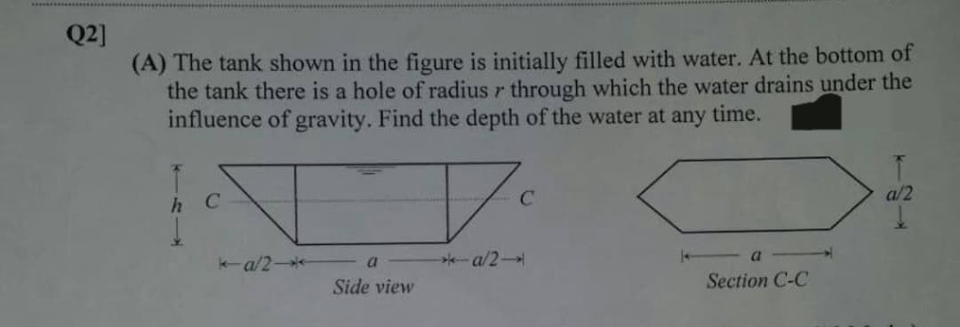 Q2]
(A) The tank shown in the figure is initially filled with water. At the bottom of
the tank there is a hole of radius r through which the water drains under the
influence of gravity. Find the depth of the water at any time.
a/2
h
k-a/2
-a/2
Side view
Section C-C
