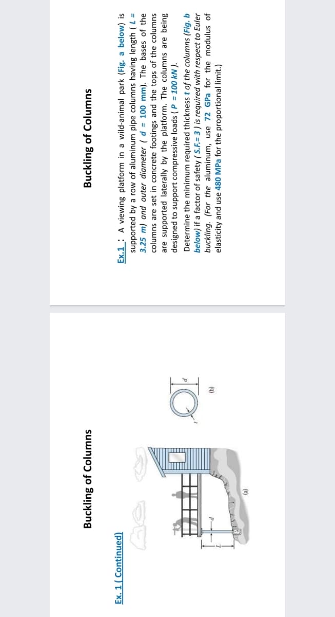 Buckling of Columns
Buckling of Columns
Ex. 1 ( Continued)
Ex.1_: A viewing platform in a wild-animal park (Fig. a below) is
supported by a row of aluminum pipe columns having length ( L =
3.25 m) and outer diameter ( d = 100 mm). The bases of the
columns are set in concrete footings and the tops of the columns
are supported laterally by the platform. The columns are being
designed to support compressive loads ( P = 100 kN ).
Determine the minimum required thickness t of the columns (Fig. b
below) if a factor of safety ( S.F.= 3 ) is required with respect to Euler
buckling. (For the aluminum, use 72 GPa for the modulus of
elasticity and use 480 MPa for the proportional limit.)
(e)
