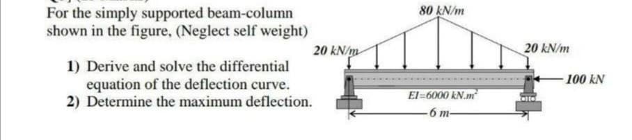 For the simply supported beam-column
shown in the figure, (Neglect self weight)
20 kN/m
1) Derive and solve the differential
equation of the deflection curve.
2) Determine the maximum deflection.
80 kN/m
El-6000 kN.m
6 m-
20 kN/m
-100 kN