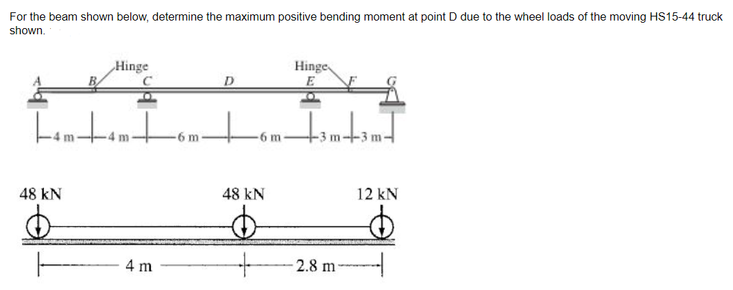 For the beam shown below, determine the maximum positive bending moment at point D due to the wheel loads of the moving HS15-44 truck
shown.
Hinge
B
Hinge.
C
D
4 m
4m
6 m
6 m
-3 m--3 m-
48 kN
48 kN
12 kN
4 m
2.8 m
