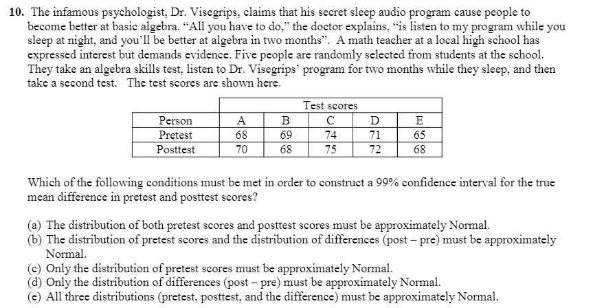 10. The infamous psychologist, Dr. Visegrips, claims that his secret sleep audio program cause people to
become better at basic algebra. “All you have to do," the doctor explains, "is listen to my program while you
sleep at night, and you'll be better at algebra in two months". A math teacher at a local high school has
expressed interest but demands evidence. Five people are randomly selected from students at the school.
They take an algebra skills test, listen to Dr. Visegrips' program for two months while they sleep, and then
take a second test. The test scores are shown here.
Test scores
Person
A
B
D
E
65
68
70
Pretest
69
74
71
Posttest
68
75
72
68
Which of the following conditions must be met in order to construct a 99% confidence interval for the true
mean difference in pretest and posttest scores?
(a) The distribution of both pretest scores and posttest scores must be approximately Normal.
(b) The distribution of pretest scores and the distribution of differences (post – pre) must be approximately
Normal.
(c) Only the distribution of pretest scores must be approximately Normal.
(d) Only the distribution of differences (post – pre) must be approximately Normal.
(e) All three distributions (pretest, posttest, and the difference) must be approximately Normal.
