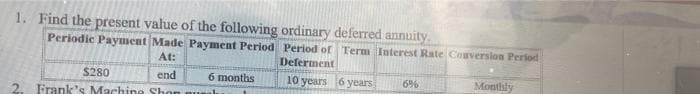 1. Find the present value of the following ordinary deferred annuity.
Periodic Payment Made Payment Period Period of Term Interest Rate Conversion Period
At:
Deferment
$280
end
6 months
10 years 6 years
6%
Monthly
2. Frank's Machine Shon
