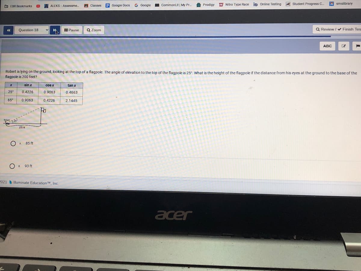E Google Docs
M CommonLit | My Pr.
N Nitro Type Race io Online Testing
E Student Progress C
X smslibrary
O EBR Bookmarks
ALEKS - Assessme.
A Classes
G Google
Prodigy
Question 18
II Pause
Q Zoom
Q Review / V Finish Tes
ABC
Robert is lying on the ground, looking at the top of a flagpole. The angle of elevation to the top of the flagpole is 25°, What is the height of the flagpole if the distance from his eyes at the ground to the base of the
flagpole is 200 feet?
sin x
cOs X
tan x
25"
0.4226
0.9063
0.4663
65°
0.9063
0.4226
2.1445
200 ft
O A
85 ft
Ов 93 ft
2021 Illuminate Education TM Inc.
acer
