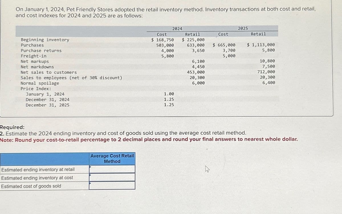 On January 1, 2024, Pet Friendly Stores adopted the retail inventory method. Inventory transactions at both cost and retail,
and cost indexes for 2024 and 2025 are as follows:
Beginning inventory
Purchases
Purchase returns
Freight-in
Net markups
Net markdowns
Net sales to customers
Sales to employees (net of 30% discount)
Normal spoilage
Price Index:
January 1, 2024
Required:
December 31, 2024
December 31, 2025
2024
2025
Cost
Retail
Cost
Retail
$ 168,750 $ 225,000
503,000
4,000
5,800
633,000
3,650
$ 665,000
3,700
5,000
$ 1,113,000
5,800
6,100
10,800
4,450
1.00
1.25
1.25
453,000
20,300
6,000
7,500
712,000
20,300
6,400
2. Estimate the 2024 ending inventory and cost of goods sold using the average cost retail method.
Note: Round your cost-to-retail percentage to 2 decimal places and round your final answers to nearest whole dollar.
Estimated ending inventory at retail
Average Cost Retail
Method
Estimated ending inventory at cost
Estimated cost of goods sold