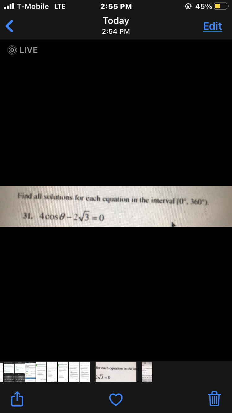 **Trigonometric Equations: Solving for Angles in a Given Interval**

**Problem Statement:**
Find all solutions for each equation in the interval \([0^\circ, 360^\circ)\).

**Example Equation:**
31. \( 4 \cos \theta - 2 \sqrt{3} = 0 \)

**Explanation:**
We need to solve the given trigonometric equation for \(\theta\) within the interval ranging from \(0^\circ\) to \(360^\circ\).

Steps to Solve:
1. Isolate the trigonometric function.
\[ 4 \cos \theta - 2 \sqrt{3} = 0 \]
\[ 4 \cos \theta = 2 \sqrt{3} \]
\[ \cos \theta = \frac{2 \sqrt{3}}{4} \]
\[ \cos \theta = \frac{\sqrt{3}}{2} \]

2. Determine the standard angles within one period for which \(\cos \theta = \frac{\sqrt{3}}{2}\).

The cosine function \(\cos \theta = \frac{\sqrt{3}}{2}\) corresponds to these angles in the unit circle:
\[ \theta = 30^\circ \]
\[ \theta = 330^\circ \]

Thus, the solutions to the equation \(4 \cos \theta - 2 \sqrt{3} = 0\) on the interval \([0^\circ, 360^\circ)\) are:
\[ \theta = 30^\circ \]
\[ \theta = 330^\circ \]

**Graphical Representation:**
For those referring to a unit circle or a cosine graph, note that the cosine function peaks at \(1\) (or \(\cos 0^\circ = 1\)) and attains \(\frac{\sqrt{3}}{2}\) at \(30^\circ\) and \(330^\circ\). It can be helpful to sketch the unit circle or the graph of \( y = \cos \theta \) to visualize these angles and ensure the correctness of solutions.

Feel free to apply these steps to solve similar trigonometric equations within specified intervals.