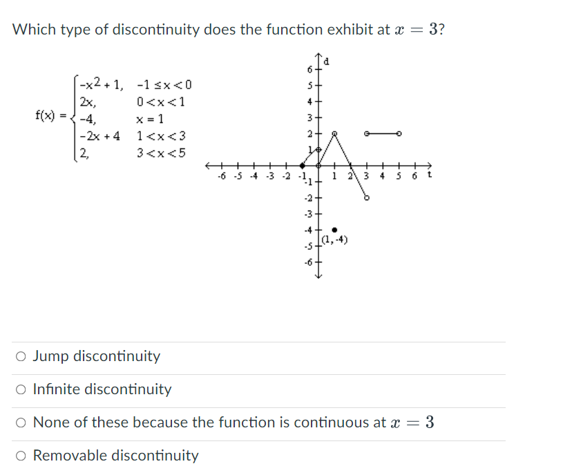 Which type of discontinuity does the function exhibit at x = 3?
-x2+1, -1<х <0
5+
2х,
-4,
0<x<1
4
f(x)
x = 1
3
-2x + 4 1<x<3
2,
3<x<5
+++
-6 -5 -4 -3 -2 -1
23 4 5
t
-2+
-3+
-5-
O Jump discontinuity
o Infinite discontinuity
O None of these because the function is continuous at x = 3
O Removable discontinuity
