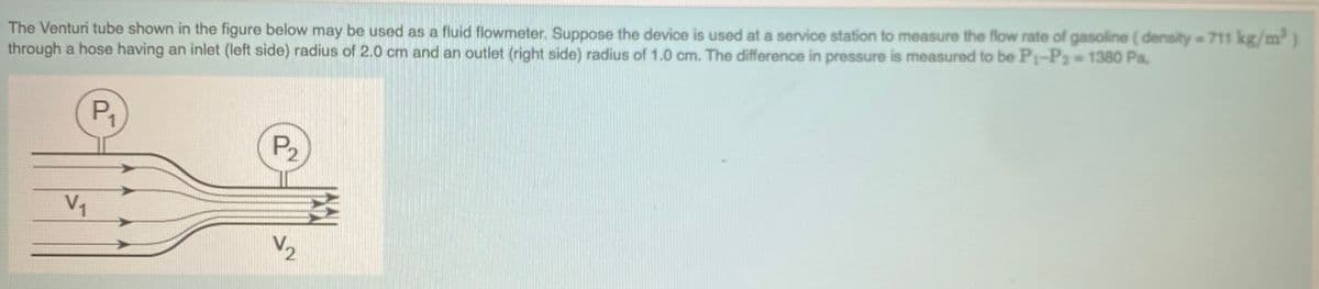 The Venturi tube shown in the figure below may be used as a fluid flowmeter. Suppose the device is used at a service station to measure the flow rate of gasoline ( density = 711 kg/m)
through a hose having an inlet (left side) radius of 2.0 cm and an outlet (right side) radius of 1.0 cm. The difference in pressure is measured to be P1-P2 1380 Pa,
P1
P2
V1
V2

