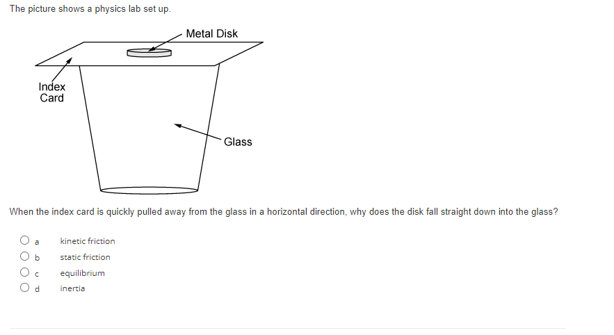 The picture shows a physics lab set up.
Index
Card
с
When the index card is quickly pulled away from the glass in a horizontal direction, why does the disk fall straight down into the glass?
d
kinetic friction
static friction
Metal Disk
equilibrium
inertia
Glass