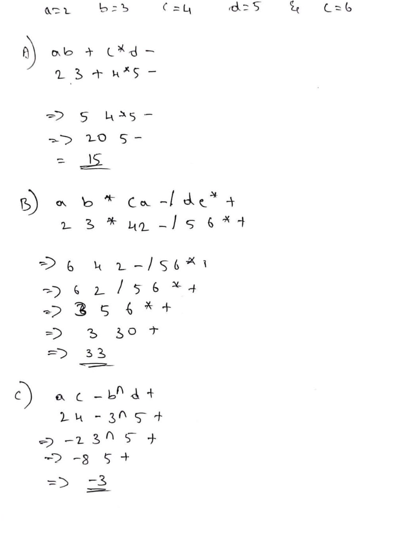 b=3
(=ム
d:5
C=6
ab +
(* d -
23 + H*5
5 445 -
20
5 -
ニ
B
b
Ca -l de* +
2 3 *
42 -/5 6 * +
う6
2 15 6
-) 35 6 * +
=)
3
30 ナ
=)
33
a c - bn d +
24 - 3n 5 +
う -2 315+
つ
-8 5 +
=> 3
