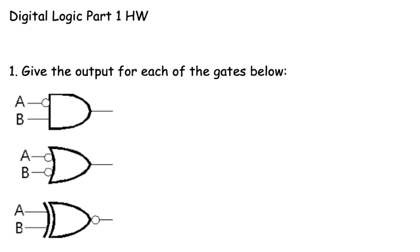 Digital Logic Part 1 HW
1. Give the output for each of the gates below:
A-
B-
В
D-
A-
