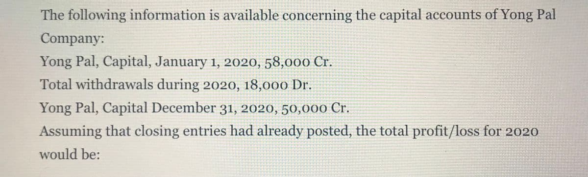 The following information is available concerning the capital accounts of Yong Pal
Company:
Yong Pal, Capital, January 1, 2020, 58,000 Cr.
Total withdrawals during 2020, 18,000 Dr.
Yong Pal, Capital December 31, 2020, 50,00o Cr.
Assuming that closing entries had already posted, the total profit/loss for 2020
would be:
