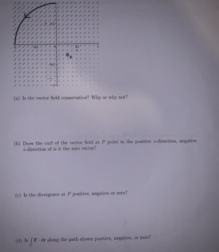 ノノ
ノ
ノノ
ノノ
と
(a) Is the vector field conservative? Why or why not?
(b) Does the curl of the vector field at P point in the positive z-direction, negative
z-direction of is it the zero vector?
(c) Is the divergence at P positive, negative or zero?
(d) Is ſ F- dr along the path shown positive, negative, or zero?
C
