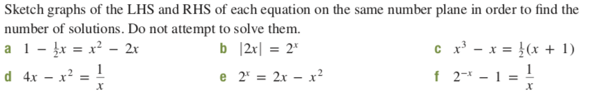 Sketch graphs of the LHS and RHS of each equation on the same number plane in order to find the
number of solutions. Do not attempt to solve them.
c x - x = }(x + 1)
a 1- įx = x² - 2x
b 2x| = 2*
d 4x – x? = !
- x²
f 2-* - 1
e 2* = 2x – x²
