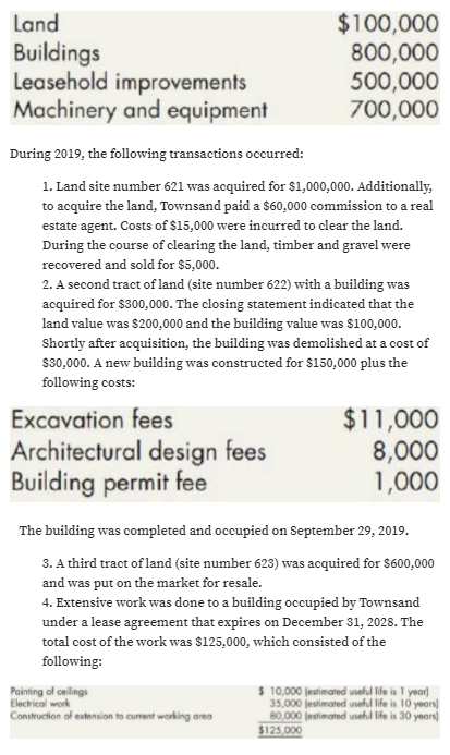 Land
Buildings
Leasehold improvements
Machinery and equipment
$100,000
800,000
500,000
700,000
During 2019, the following transactions occurred:
1. Land site number 621 was acquired for $1,000,000. Additionally,
to acquire the land, Townsand paid a $60,000 commission to a real
estate agent. Costs of $15,000 were incurred to clear the land.
During the course of clearing the land, timber and gravel were
recovered and sold for $5,000.
2. A second tract of land (site number 622) with a building was
acquired for $300,000. The closing statement indicated that the
land value was $200,000 and the building value was $100,000.
Shortly after acquisition, the building was demolished at a cost of
$30,000. A new building was constructed for $150,000 plus the
following costs:
Excavation fees
Architectural design fees
Building permit fee
$11,000
8,000
1,000
The building was completed and occupied on September 29, 2019.
3. A third tract of land (site number 623) was acquired for $600,000
and was put on the market for resale.
4. Extensive work was done to a building occupied by Townsand
under a lease agreement that expires on December 31, 2028. The
total cost of the work was $125,000, which consisted of the
following:
Painting of cellings
Electrical work
Construction of extension to current working area
$ 10,000 lestimated vsehul life is 1 year)
35,000 (estimated useful life is 10 years)
80,000 (estimated useful life is 30 years)
$125,000
