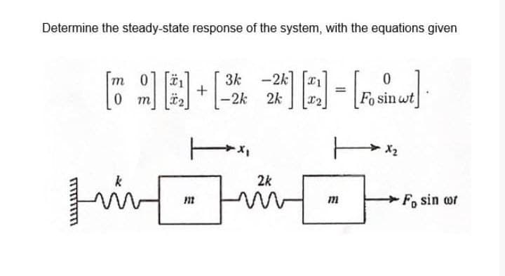 Determine the steady-state response of the system, with the equations given
m
0
m
1 [
m
+
3k
-2k
-
0
][²] = [Fosinct] ·
wt
HX₂
-2k
-2k] [1
2k
2k
][
m
Fo sin cor