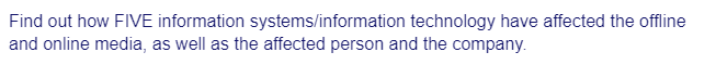 Find out how FIVE information systems/information technology have affected the offline
and online media, as well as the affected person and the company.