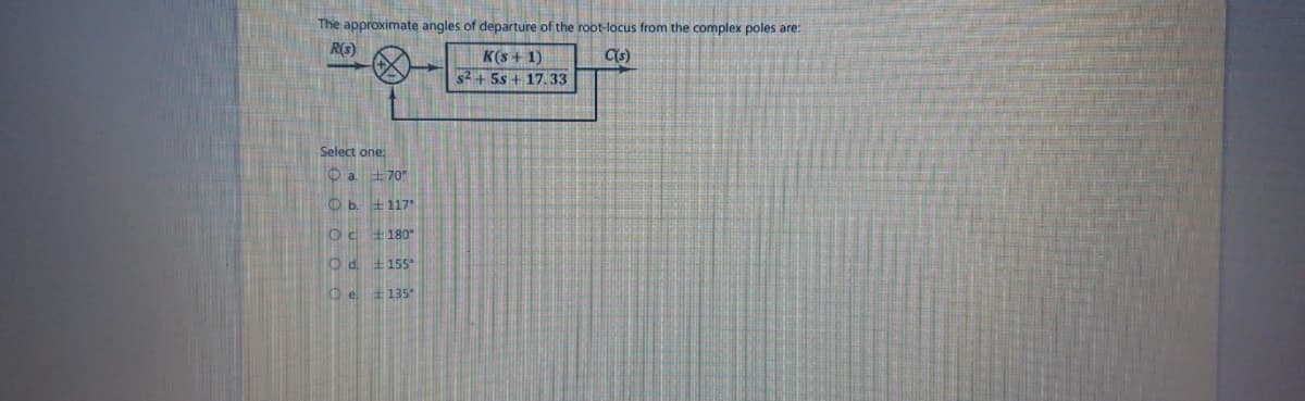 The approximate angles of departure of the root-locus from the complex poles are:
R(s)
C(s)
Select one:
Oa
+70°
b.
OC
180°
Od 155
Oe.
135°
117°
K(s + 1)
s²+5s + 17.33